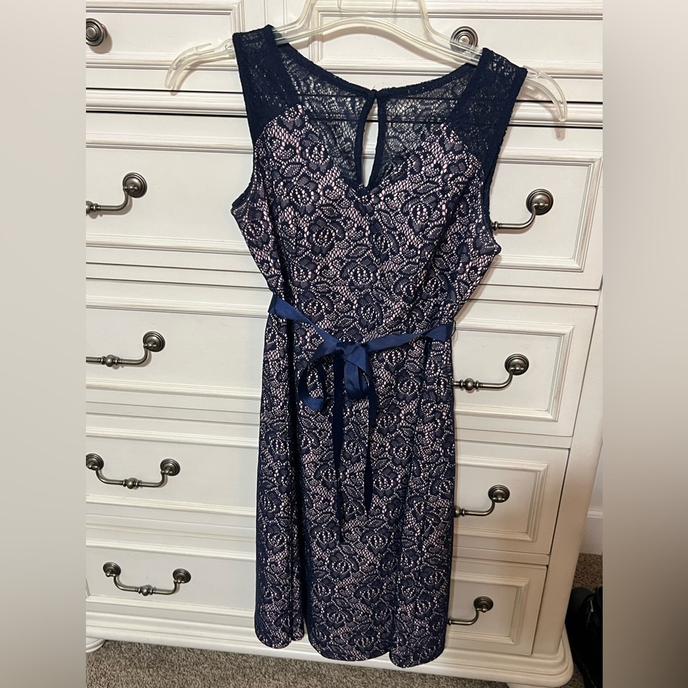 Navy blue lace maternity dress with ribbon detail
